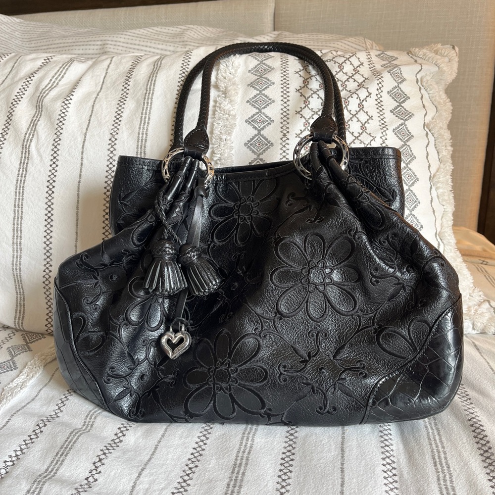 Brighton Black Embossed Floral Leather Shoulder Bag with Tassel
